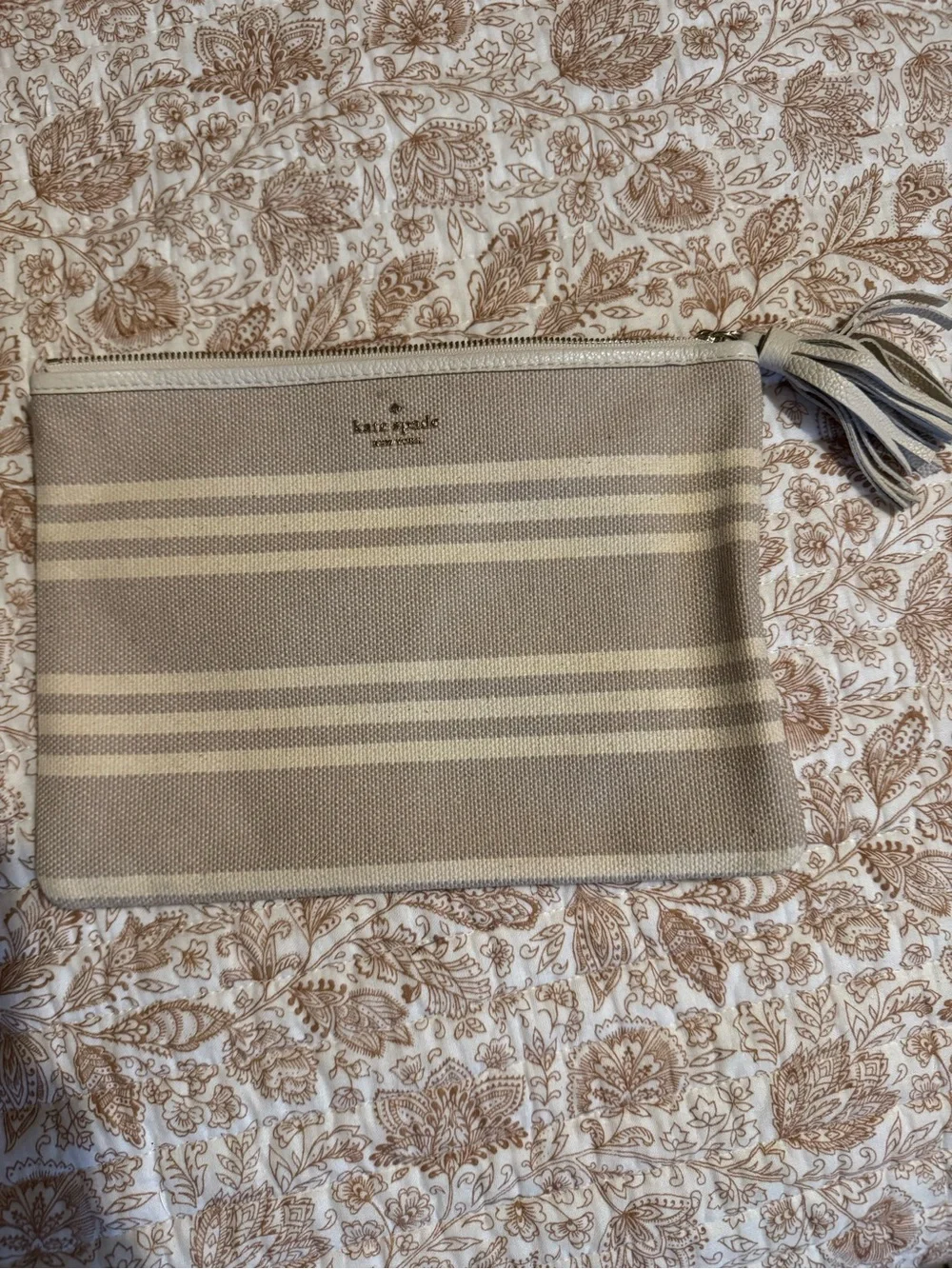 kate spade Beige and Cream Striped Canvas Zip Wristlet